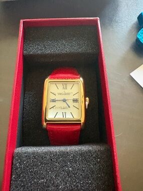 Peugeot Gold-Tone Square Watch with Red Strap